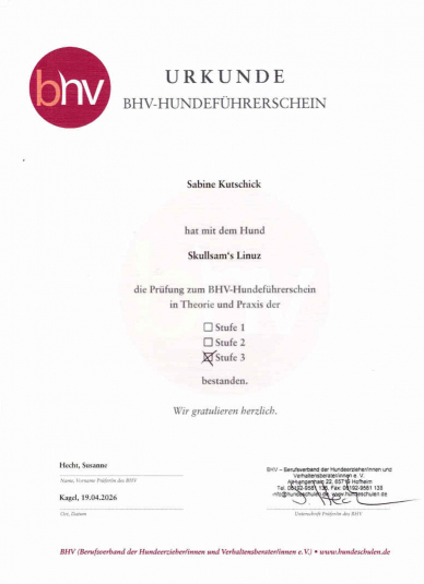 Urkunde - BHV Hundeführerschein Billy